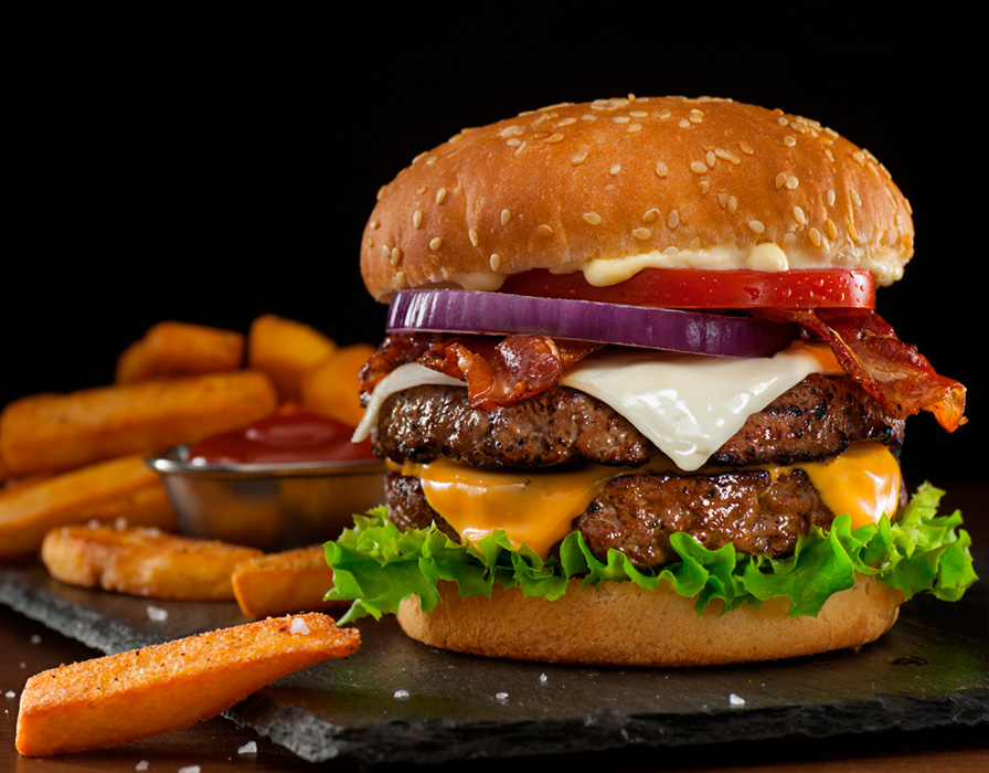 Rich Hamburgher with meat and cheese, and potatoes